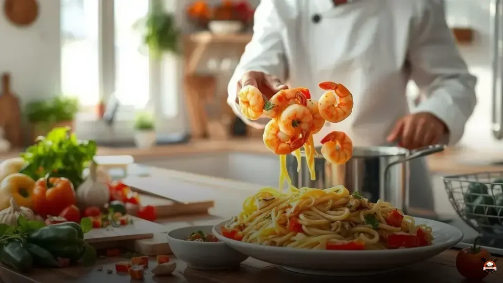 Como fazer macarrão com camarão e legumes