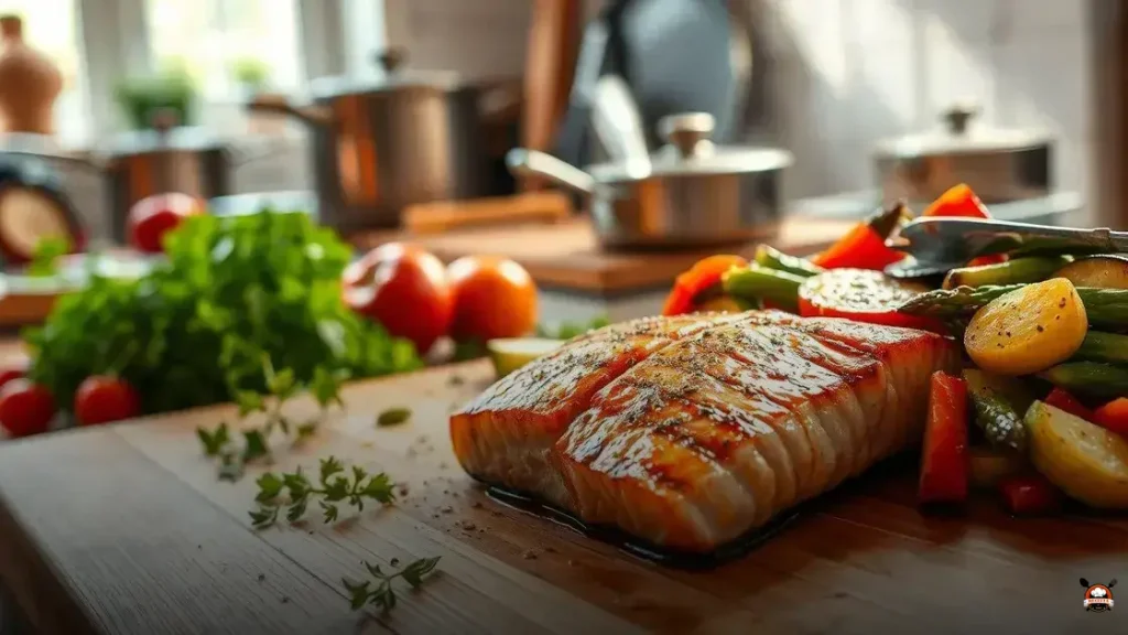 Como fazer salmao grelhado com legumes salteados